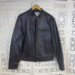 READ Lucky Brand Black Leather Jacket Mens Large Moto Biker Grunge Punk